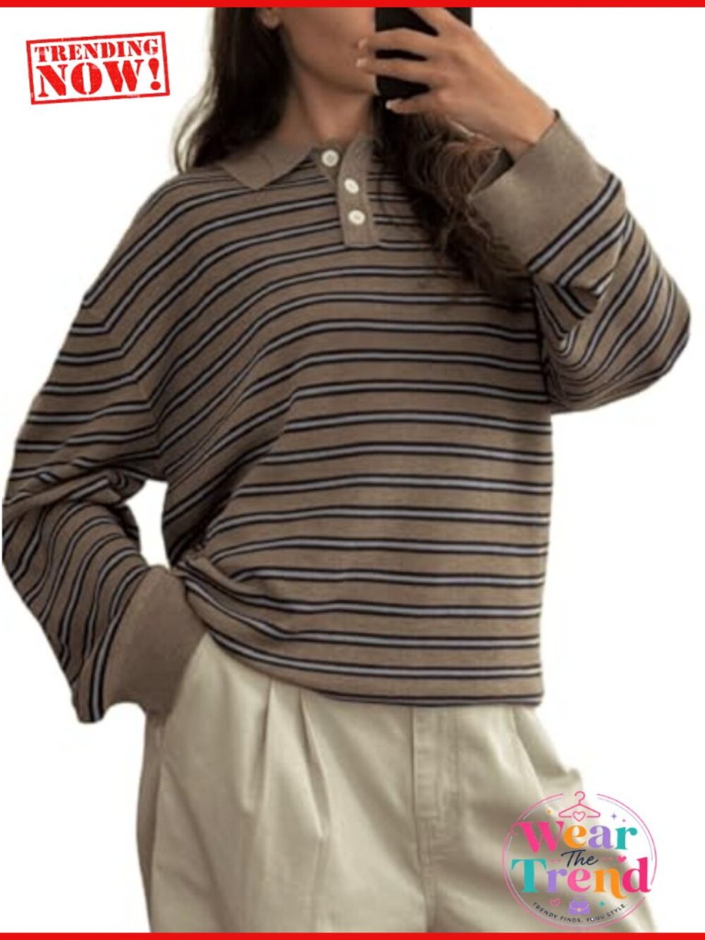 Women Y2K Striped Polo Sweater Oversized Long Sleeve V Neck Pullover